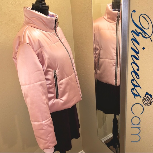 💖Bagatelle Blush Metallic Satin Zip Bomber Jacket - Picture 2 of 7